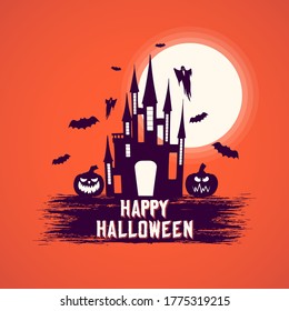 Happy Halloween poster with creepy haunted house, bats, ghosts and pumpkins under the moon. Vector isolated horror night border.