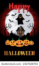 Happy Halloween poster with creepy haunted house. Halloween greeting card. Vector illustration