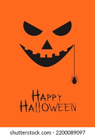 Happy halloween poster with creepy pumpkin smile and spider