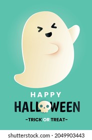 Happy Halloween poster with cute ghost  in paper cut style. 