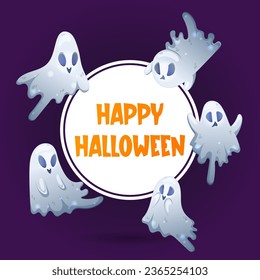 Happy Halloween poster with cute ghosts on dark background. Trick or treat. Square shape. Colorful vector illustration in cartoon style.
