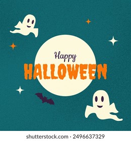 Happy Halloween. A poster with cute ghosts, the moon and a bat. Vector illustration.