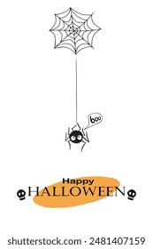 Happy Halloween poster with cute hanging spider, holiday lettering. Vector illustration. Template for party banner, invitation, greeting card and celebration announce