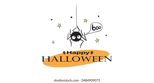 Happy Halloween poster with cute hanging spider, holiday lettering. Vector illustration. Template for party banner, invitation, greeting card and celebration announce
