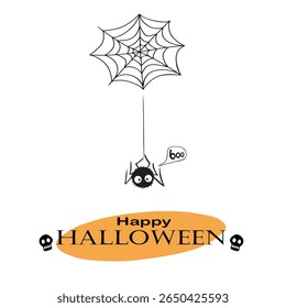 Happy Halloween poster with cute hanging spider, holiday lettering. Vector illustration. Template for party banner, invitation, greeting card and celebration announce