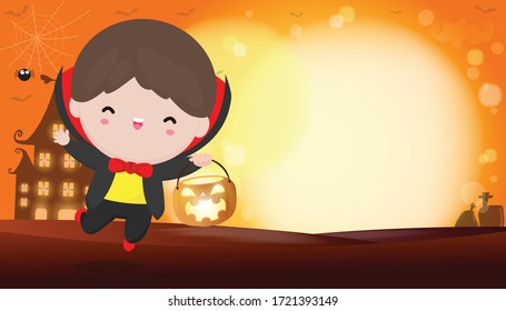 Happy halloween poster, Cute Little Dracula Vampire holding pumpkin in the moonlight bokeh banner, halloween trick or Treating background, Template for advertising brochure Vector Illustration.