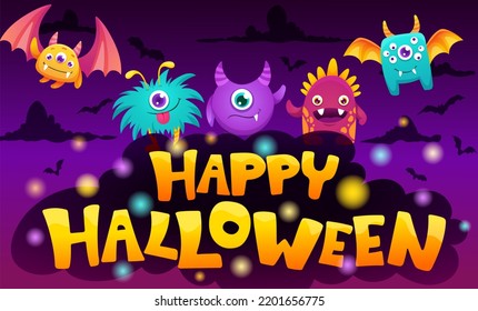 Happy Halloween poster and cute little monsters for kids party  Invitation banner  Vector cartoon illustration and Pumpkins  sweets  candies  bats   clouds  Colorful children banner