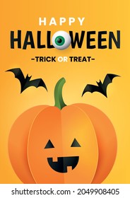 Happy Halloween poster with cute pumpkin and bats in paper cut style. 