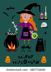 Happy Halloween poster with cute witch preparing a potion. Spooky vector illustration. Halloween greeting card. Young witch with her elexires, black cat, pumpkins and cauldron. Cartoon illustration.