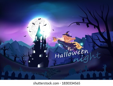 Happy Halloween poster, cute witch flying to castle with night scene, fantasy and cartoon background vector illustration