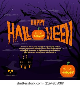 Happy Halloween poster, dark night full moon, skull and black bat. Vector horror trick or Halloween holiday greeting card