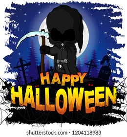 Happy Halloween poster with dark reaper. Vector illustration.