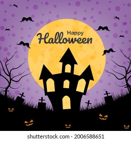 Happy halloween poster with halloween decoration. Halloween night background. Vector illustration.