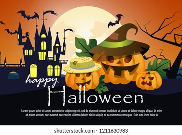 Happy Halloween poster design with angry cartoon  orange pumpkins. Calligraphy with cartoon pumpkins, graves, castle and full moon. Can be used for banners, posters,invitations.