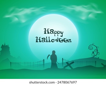 Diseño de póster de Halloween feliz con vista posterior de vampiro sosteniendo hacha en el fondo verde de la noche horrible.