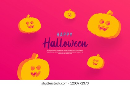 Happy Halloween Poster design. bright neon red background, 3D pumpkins abstract illustration. calligraphy and place for text. ideal for web, banner, cover, social media, ad, promotion. 