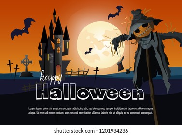 Happy Halloween poster design with cartoon straw man. Calligraphy with straw man, graves, castle and full moon. Can be used for banners, posters,invitations.  