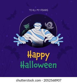 Happy Halloween Poster Design With Cartoon Ghost, Mummy And Zombie Character On Purple Bats Background.