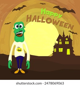 Happy Halloween Poster Design with Cartoon Monster, Flying Bats, Haunted House on Yellow and Brown Background.