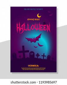 Happy Halloween Poster design with cemetery, bats and twilight moon. purple background, spooky calligraphy. creative vector illustration Eps 10.  