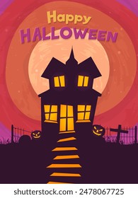 Diseño de póster de feliz Halloween con casa embrujada, Jack-o-lantern en fondo de la noche de luna llena.