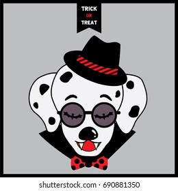 Happy Halloween poster design with Portrait of dalmatian dog having vampire fangs put on hipster hat, sunglasses with bow tie and cape on gray background.