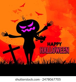 Diseño de póster de feliz Halloween con espantapájaros de calabaza y murciélagos voladores en la vista del cementerio.