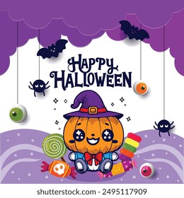 Happy halloween poster design with pumpkin, bat, candy, eye ball
