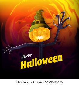 Happy Halloween poster design with scary pumpkin tree and witch hat on abstract background.