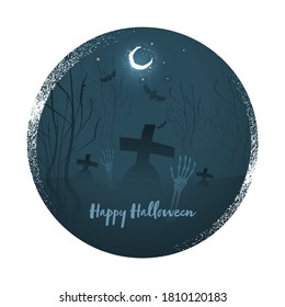 Happy Halloween Poster Design with Skeleton Hands and Crescent Moon on Dark Teal Graveyard Background.