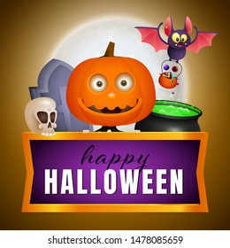 Happy Halloween poster design with smiling pumpkin head, flying bat with sweets, boiling potion, skull and grave on brown moon light background. Lettering can be used for invitation, poster, postcard