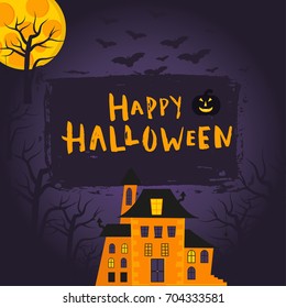 Happy halloween poster design with traditional symbols and hand drawn lettering. Vector illustration can be used for wallpaper, web page, holiday card, invitation and party design.