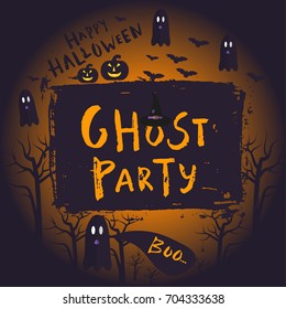 Happy halloween poster design with traditional symbols and hand drawn lettering ghost party. Vector illustration can be used for wallpaper, web page, holiday card, invitation design.