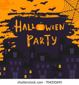 Happy halloween poster design with traditional symbols and hand drawn lettering. Vector illustration can be used for wallpaper, web page, holiday card, invitation and party design.