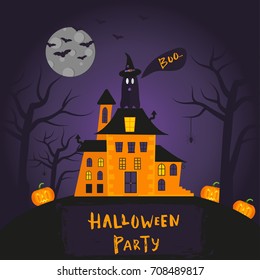 Happy halloween poster design with traditional symbols and hand drawn lettering. Vector illustration can be used for wallpaper, web page, holiday card, invitation and party design.