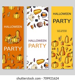Happy Halloween poster design. Vector template with cartoon style symbols. Party invitation.