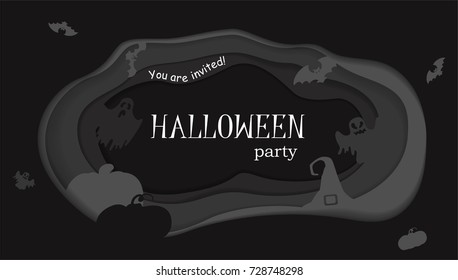Happy Halloween poster design. Vector template with paper cut style symbols. Party invitation.