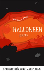 Happy Halloween poster design. Vector template with paper cut style symbols. Party invitation.