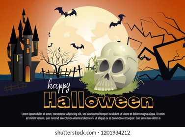 Happy Halloween poster design with white skull. Calligraphy with white skull, graves, castle and full moon. Can be used for banners, posters, invitations.  