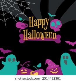 Happy Halloween poster flat style. Holidays card with magic characters ghosts, pumpkins, skulls, bats and lettering. Vector illustration with black background.