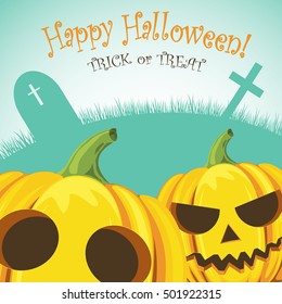 Happy halloween poster or flayer with pumpkin and inscription trick or treat on background with grave