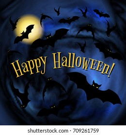 Happy Halloween poster. Flock of bats flying in a dark sky.