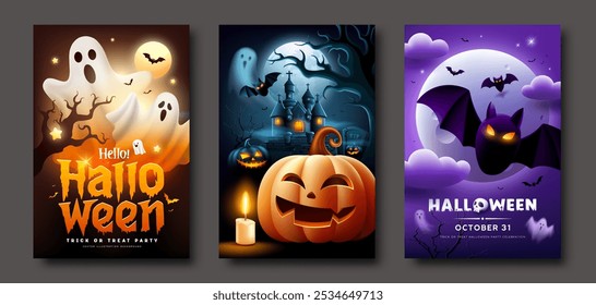 Feliz Halloween poster folheto design três coleções fundo, Eps 10 ilustração vetor
