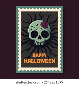 Happy Halloween Poster Flyer Template Spooky Skull Themed Illustration. Design for promoting Halloween parties, events, haunted attractions, or community gatherings and Halloween celebration.