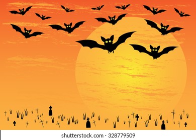 Happy Halloween poster with flying bats, vector illustration