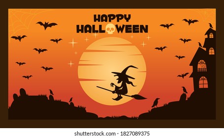 Happy Halloween poster with full moon, bat, and Crow. vector illustration