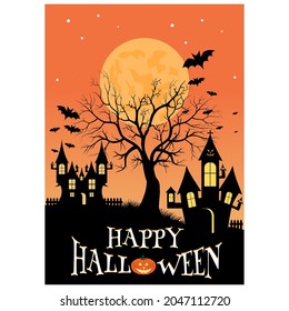 Happy Halloween poster with full moon, tree, bat, pumpkin . halloween party illustration vector.