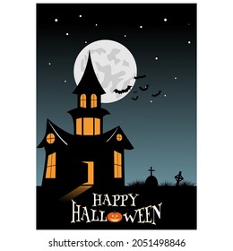 Happy Halloween poster with full moon, tree, bat, pumpkin and label Happy Halloween. halloween party inspiration vector.