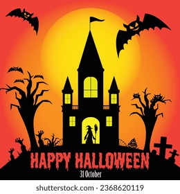 Happy Halloween poster, full moon dark night and tombstone, witch and black bat. Vector orange horror trick or treat Halloween holiday greeting card