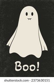 Happy Halloween poster with funny ghost illustration. Ghost on black background